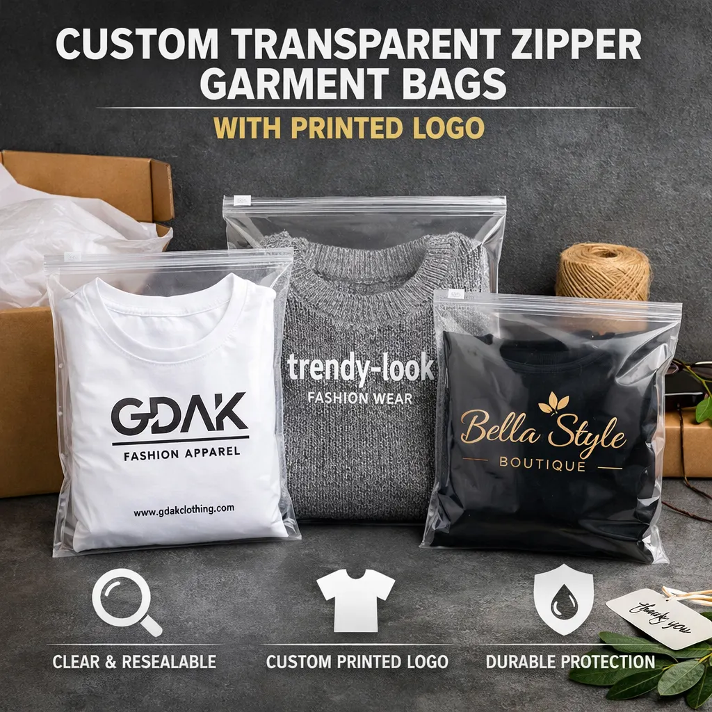 Custom Transparent Zipper Garment Packaging Bags